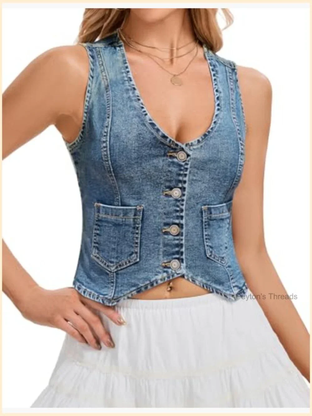 Sleeveless V-Neck Cropped Denim Vest with Pockets - Picture 3 of 7